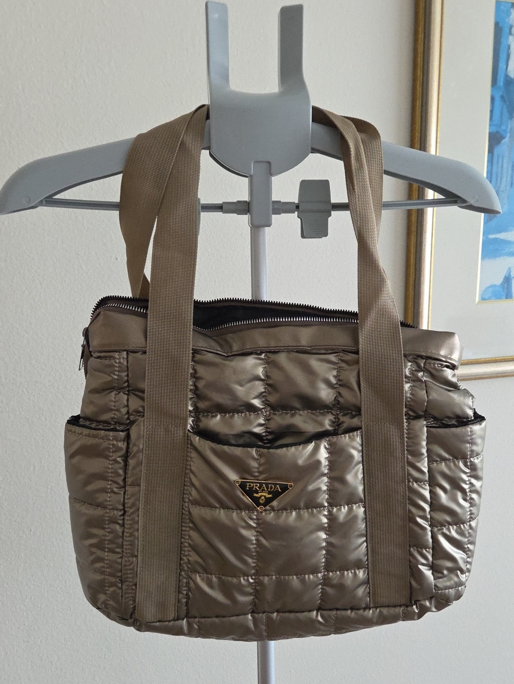 Metallic Taupe Quilted Zippered Puffer Tote